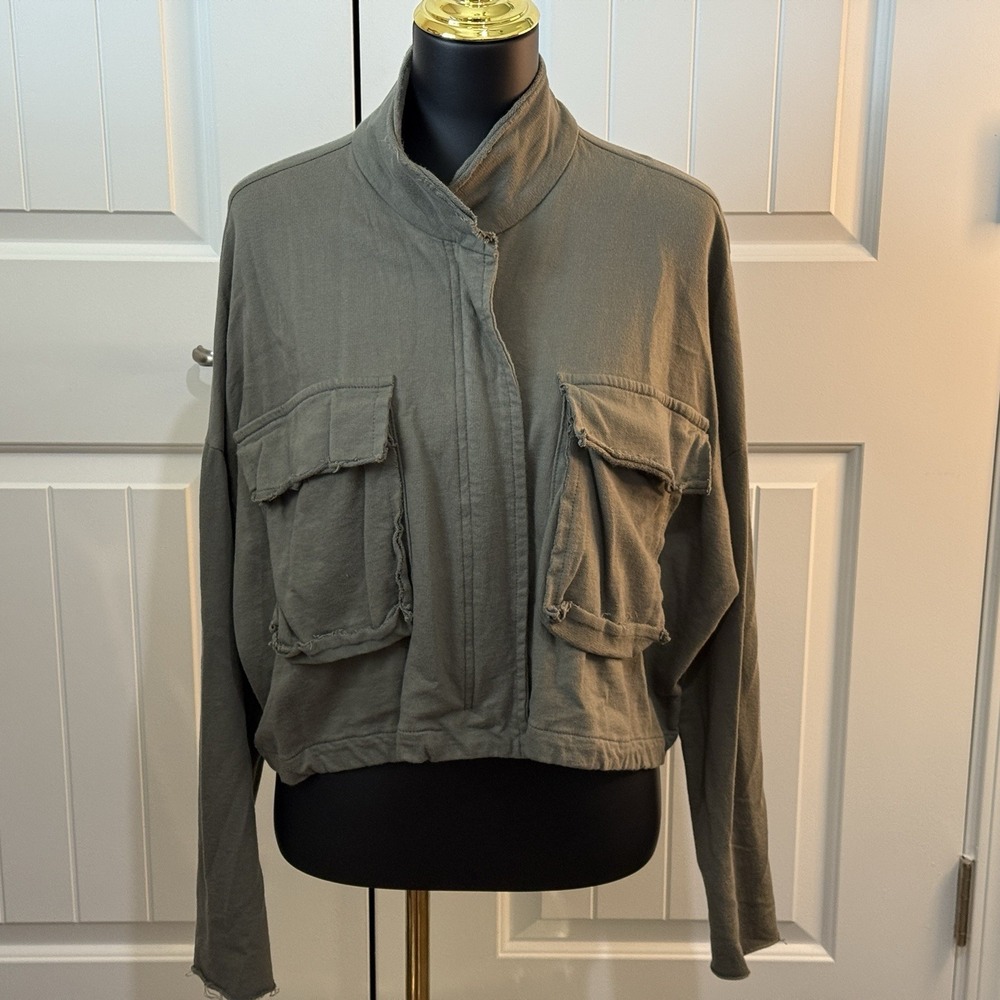 Planet By Lauren G Olive Green Bomber Cropped Jacket One Size Fits All Msrp $238